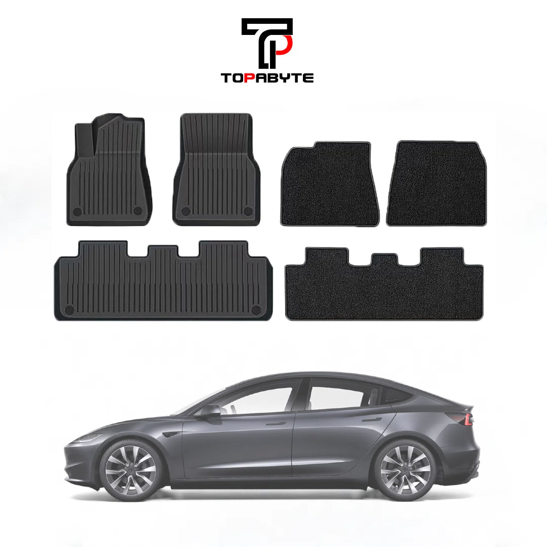 TOPABYTE TPE Floor Mats with Double Layer Carpet for Model 3 Highland 2024 2025 All-Weather Protection (6PCs)