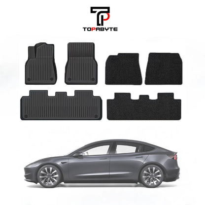 TOPABYTE TPE Floor Mats with Double Layer Carpet for Model 3 Highland 2024 2025 All-Weather Protection (6PCs)