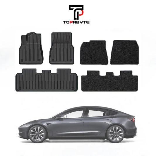 TOPABYTE TPE Floor Mats with Double Layer Carpet for Model 3 Highland 2024 2025 All-Weather Protection (6PCs)