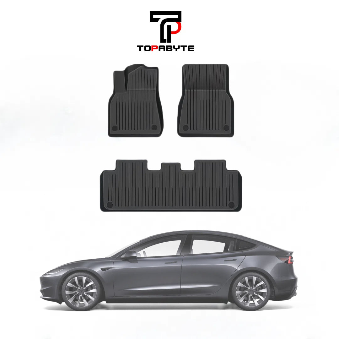 TOPABYTE TPE Floor Mats with Double Layer Carpet for Model 3 Highland 2024 2025 All-Weather Protection (6PCs)