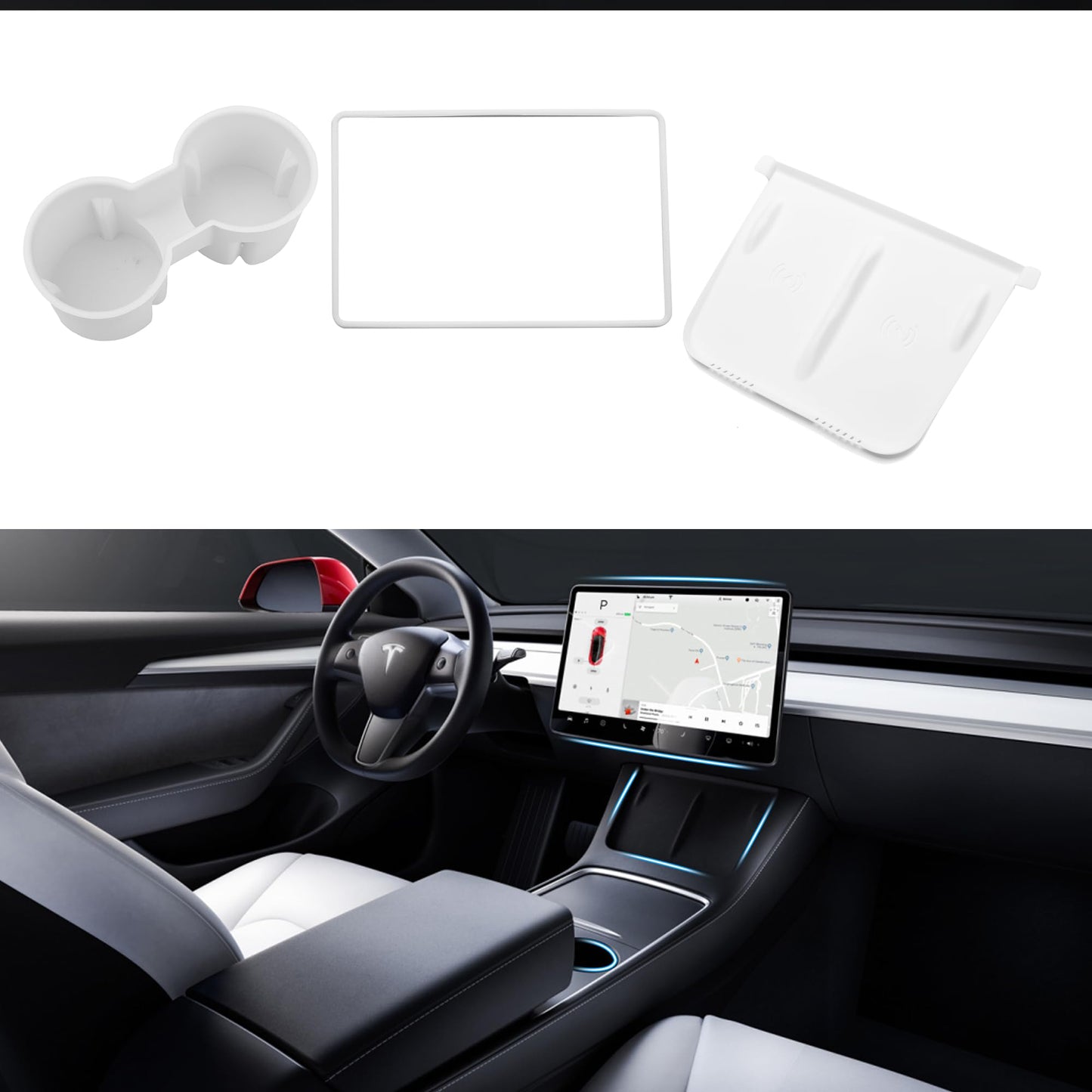 TOPABYTE Center Console Accessories Set - Cup Holder, Screen Edge Protector, Wireless Charger Mat Silicone For Model 3/Highland/Y