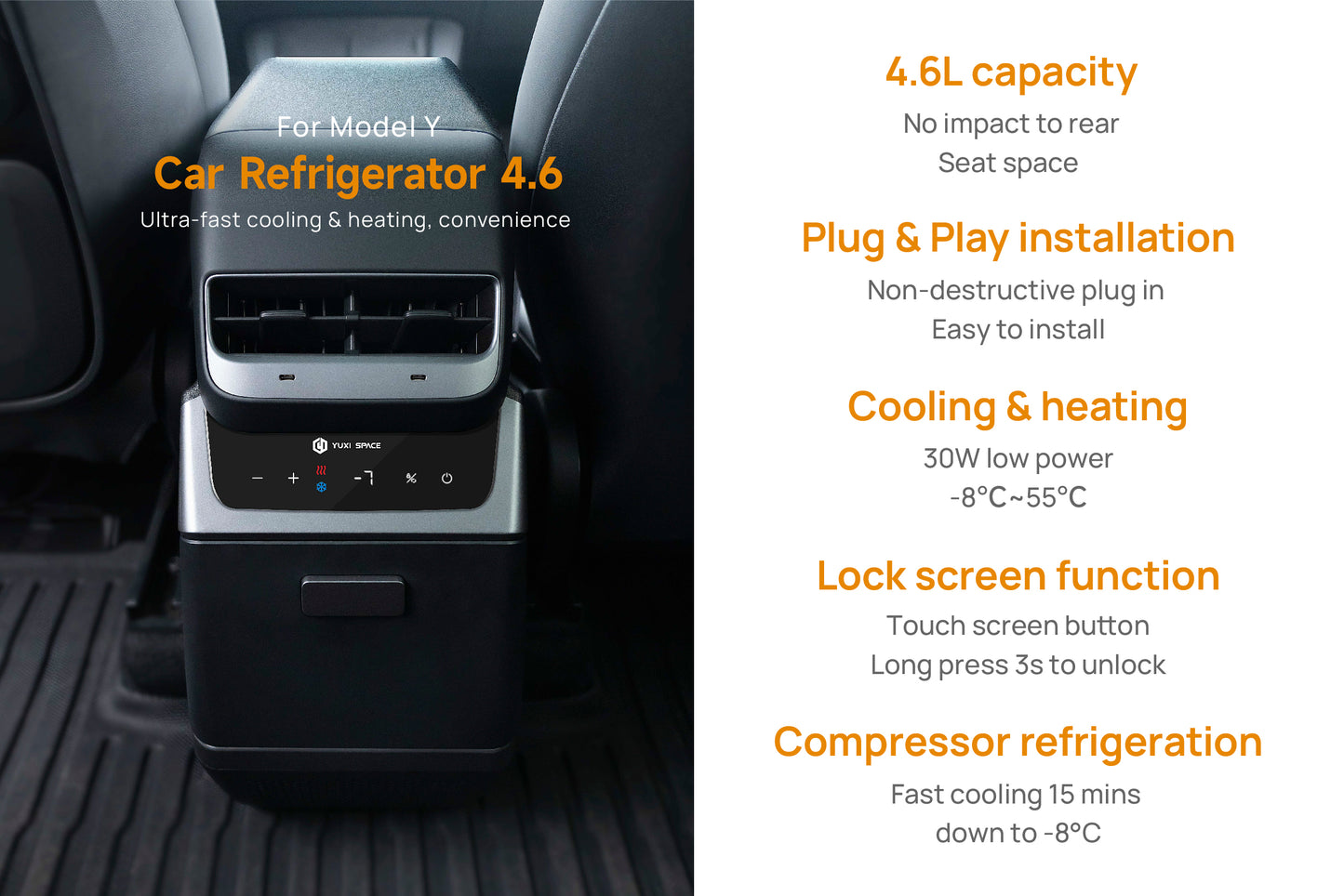 TOPABYTE Rear Hidden Heating & Cooling Car Refrigerator for Model Y (4.6L)